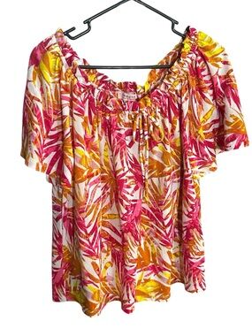 Tempted LA Tropical Off-Shoulder Blouse - Pink, Orange, & Yellow Print